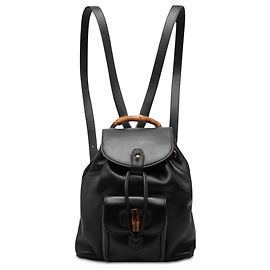 Gucci Mini-Rucksack aus schwarzem Kalbsleder mit Kordelzug und Bambus