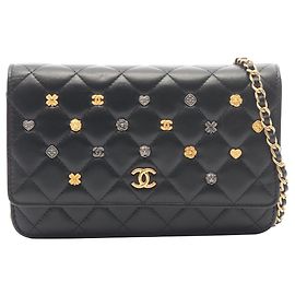 Chanel Black CC Quilted Studded Lambskin 18K Lucky Charms Wallet On Chain