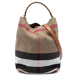 Bolsa Bucket Burberry Ashby em Lona Mega Check Castanha Medium