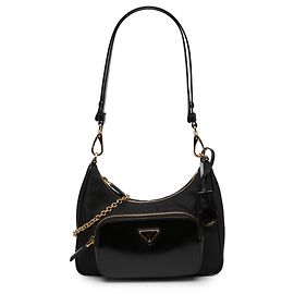 Prada Black Re Nylon Brushed Leather Front Pocket Hobo