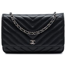 Chanel Black CC Chevron Lambskin Wallet On Chain