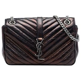 Autre Marque Borsa Punk Chain Saint Laurent in pelle di vitello crinkled metallizzata nera con motivo chevron taglia Medium