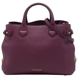 Bolsa Satchel Banner Burberry em couro roxo tamanho Medium e House Check