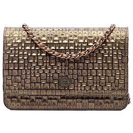 Chanel Gold CC Embossed Metallic Lambskin Wallet on Chain
