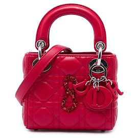 Dior Mini Lady Dior 8 Crystal em Pele de Cordeiro Cannage Vermelha