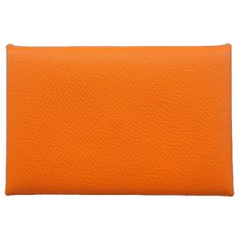 Hermès Hermes Calvi Orange Leather Card Case