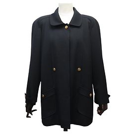 VINTAGE CHANEL JACKE MIT CC-LOGO KNÖPFEN AUS SCHWARZER WOLLE L 44 BLACK WOOL