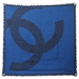 NEW CHANEL LOGO CC BLUE SILK SCARF WITH FRINGES CARRE BLUE SILK SCARF