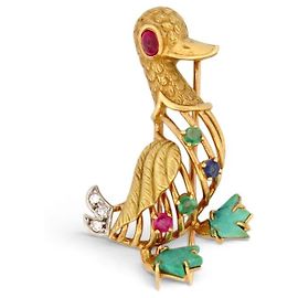 Autre Marque SPILLA ANATRA VINTAGE CIRCA 1960 ORO GIALLO 18K 7GR RUBINI SMERALDI ZAFFIRI BROOCH