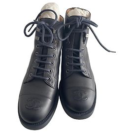 Chanel Blue Leather Lace-Up Boots with CC Logo