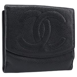 Carteira CHANEL COCO Mark Caviar Skin Black Silver CC Auth 206048