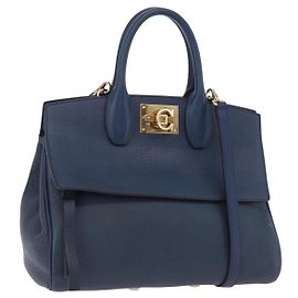 Sac Salvatore Ferragamo Gancini Studio en cuir 2 voies Navy Gold Auth 206236A