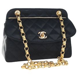 CHANEL Matelasse Schultertasche mit Kette aus schwarzem Satin und Gold CC Auth BA15768SAM