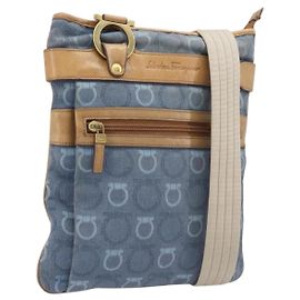 Borsa a tracolla Salvatore Ferragamo Gancini Canvas Blue Gold Tone Auth BA16108