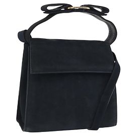 Bolsa de Ombro Salvatore Ferragamo Vala Camurça Navy Tom Dourado Auth 207593