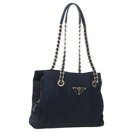 PRADA Chain Tote Bag Nylon Navy Gold Auth am12703V