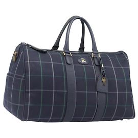 Burberrys Nova Check Boston Bag Canvas Navy Gold Auth 201462A
