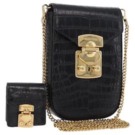 Bolsa de Ombro para Telemóvel Miu Miu em Couro Preto e Dourado Auth 167733A