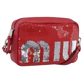 Miu Miu Schultertasche Leder Pailletten Rot Silber Auth 167643A