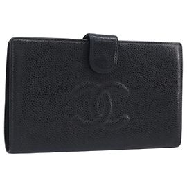Portafoglio lungo CHANEL Caviar Skin Black Gold CC Auth 206812