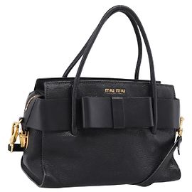 Bolsa de mão Miu Miu com laço frontal em couro 2way Black Gold Auth am12684V