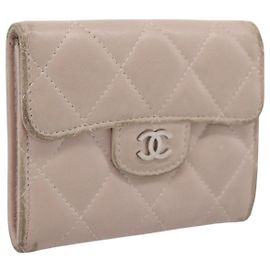 CHANEL Matelasse Wallet Lamb Skin Beige Silver CC Auth 205317