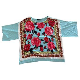 Dolce & Gabbana Top de Seda Estampado de Rosas Blu Mediterraneo
