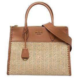 Borsa Satchel Paradigme Prada in rafia e vitello City Calf beige con cuciture a vista