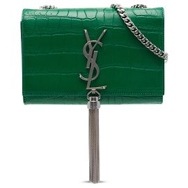 Autre Marque Borsa a tracolla Saint Laurent Kate Tassel Small in pelle embossed croc verde con monogramma