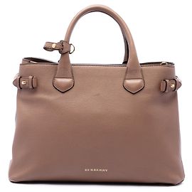 Bolsa Satchel Burberry Medium em couro de bezerro marrom e House Check Banner