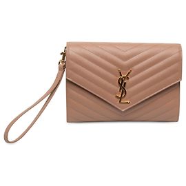 Autre Marque Saint Laurent Cassandre Matelassé Flap Pouch Clutch Bag aus Grain De Poudre Leder in Braun