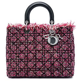 Bolsa Lady Dior Satchel Large em Tweed Cannage Rosa com Franjas