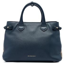 Sac Satchel Banner Burberry Medium en cuir et House Check bleu