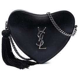 Autre Marque Black Saint Laurent Leather Monogram Heart Tassel Crossbody