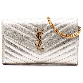 Autre Marque Borsa a tracolla portafoglio a busta monogramma Saint Laurent in pelle di vitello chevron craquelé metallizzato oro