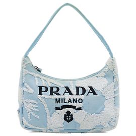 Sac à épaule Prada Mini Embroidered Drill Re Edition 2000 Bleu