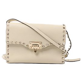 Bolsa Tiracolo Rockstud Small em Couro Granulado Valentino Garavani em Beige