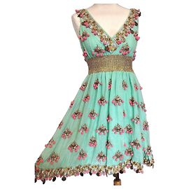 Manoush Féerie Piecettes Besticktes Kleid aus Baumwollwolle und Leder