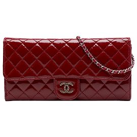 Chanel Red CC Quilted Patent Brilliant East West Wallet On Chain