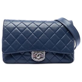 Chanel Blue Large Quilted Goatskin Double Carry Waist Chain Flap