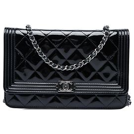 Chanel Black Quilted Patent Boy Wallet on Chain