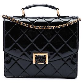 Chanel Black CC Quilted Patent Accordion Pushlock Top Handle Flap