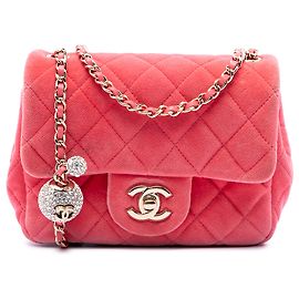 Chanel Pink Mini Square Classic Velvet Pearl Crush Single Flap