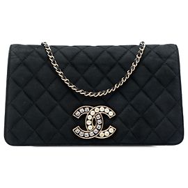 Chanel Black Quilted Suede Faux Pearl And Crystal CC Chain Flap