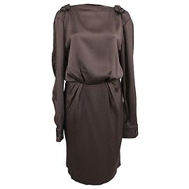 Hermès Midi-Kleid mit langen Ärmeln und Bindegürtel aus brauner Seide