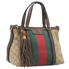 Sac à main GUCCI GG Canvas Bamboo Beige Gold Tone 353114 Auth LN077A