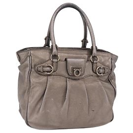Salvatore Ferragamo Gancini Hand Bag Leather Silver Auth 207554A