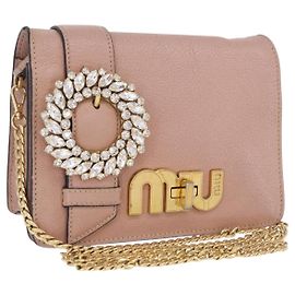 Miu Miu Chain Shoulder Bag Leather Pink Gold Auth 202534A