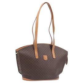 Céline Saco Tote CELINE Macadam Canvas PVC Couro Brown Gold Auth 206774