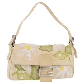 FENDI Flower Mamma Baguette Schultertasche aus Leder beige silber authentisch 167634SAM